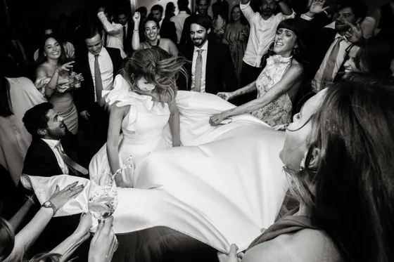 Wedding party walking down the aisle